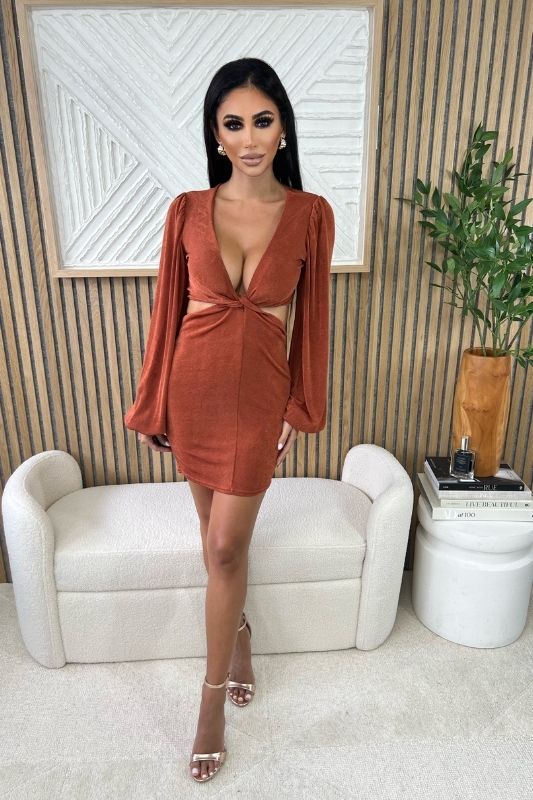 STYLED BY ALX COUTURE MIAMI BOUTIQUE Rust Slinky Cutout Twist Dress