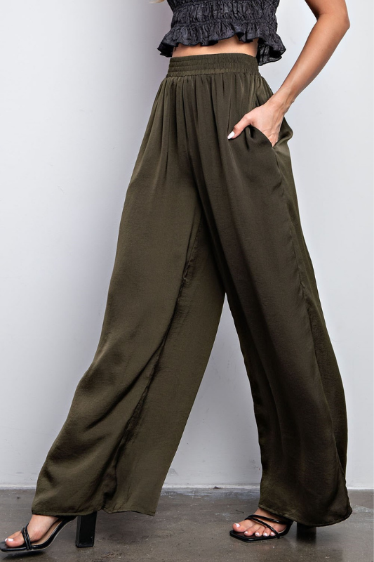 STYLED BY ALX COUTURE MIAMI BOUTIQUE Olive Waist Elastic Wide Leg Satin Pants