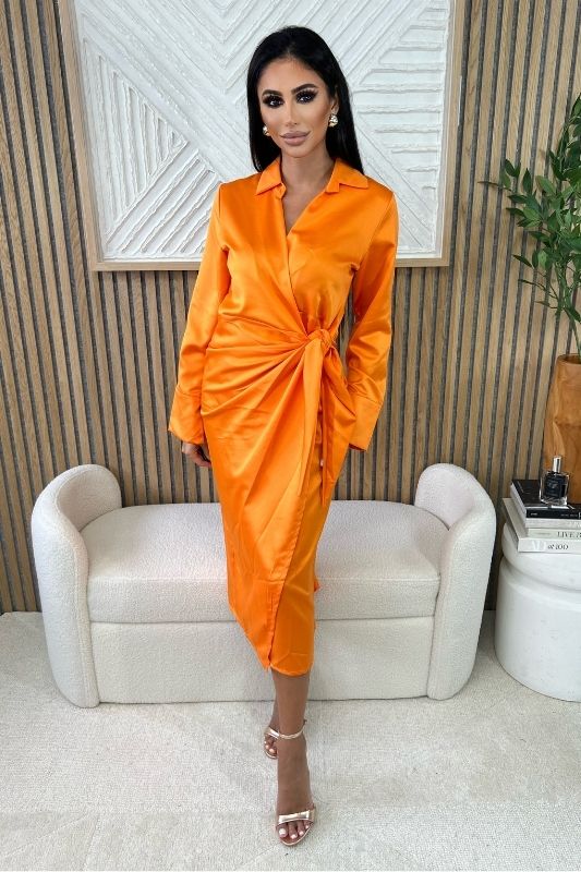 STYLED BY ALX COUTURE MIAMI BOUTIQUE Orange Satin Wrap Midi Dress