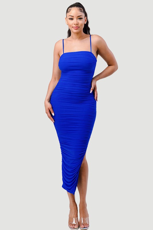 STYLED BY ALX COUTURE MIAMI BOUTIQUE Royal Lux Ruched Mesh Side Open Slitted Midi Dress