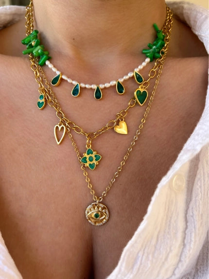 STYLED BY ALX COUTURE MIAMI BOUTIQUE Emerald Gold Chain Pearls Beaded Necklace