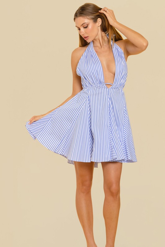 model is wearing Blue Stripe Plunge Neckline Mini Dress