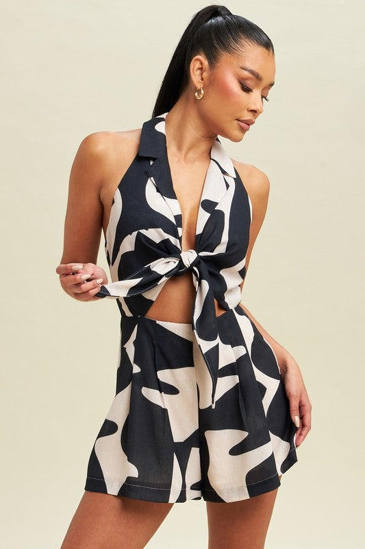 STYLED BY ALX COUTURE MIAMI BOUTIQUE Taupe Black Abstract Tie Front Romper 