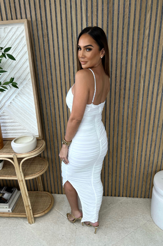 STYLED BY ALX COTUURE MIAMI BOUTIQUE Ivory Ruched Mesh Layer Side Open Dress