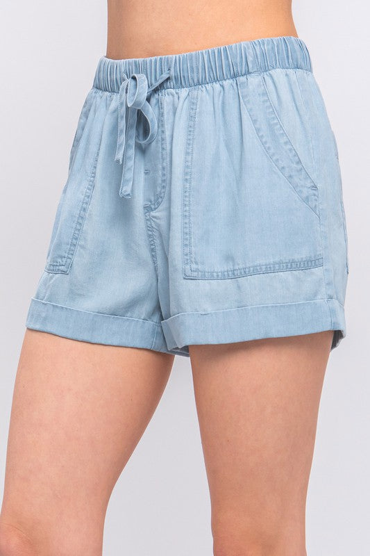 Light Blue Solid Drawstring Shorts