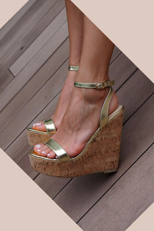 STYLED BY ALX COUTURE MIAMI BOUTIQUE Amora Cork Platform Wedges in Gold by ALEXANDRIA BRANDAO SHOES