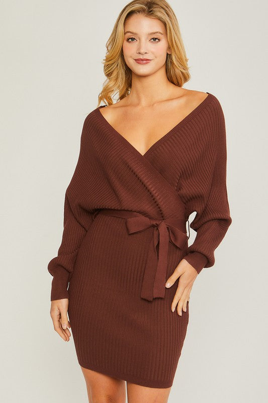 STYLED BY ALX COUTURE MIAMI BOUTIQUE Brown Off Shoulder Wrap Belted Ribbed Knit Dress