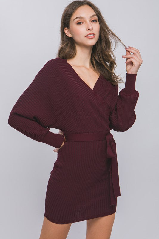 STYLED BY ALX COUTURE MIAMI BOUTIQUE Wine Off Shoulder Wrap Belted Ribbed Knit Dress