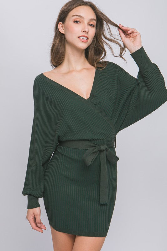 STYLED BY ALX COUTURE MIAMI BOUTIQUE Hunter Green Off Shoulder Wrap Belted Ribbed Knit Dress