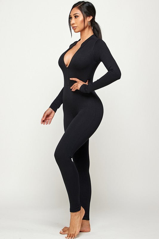 STYLED BY ALX COUTURE MIAMI BOUTIQUE Black Zipper Center Long Sleeve Seamless Jumpsuit