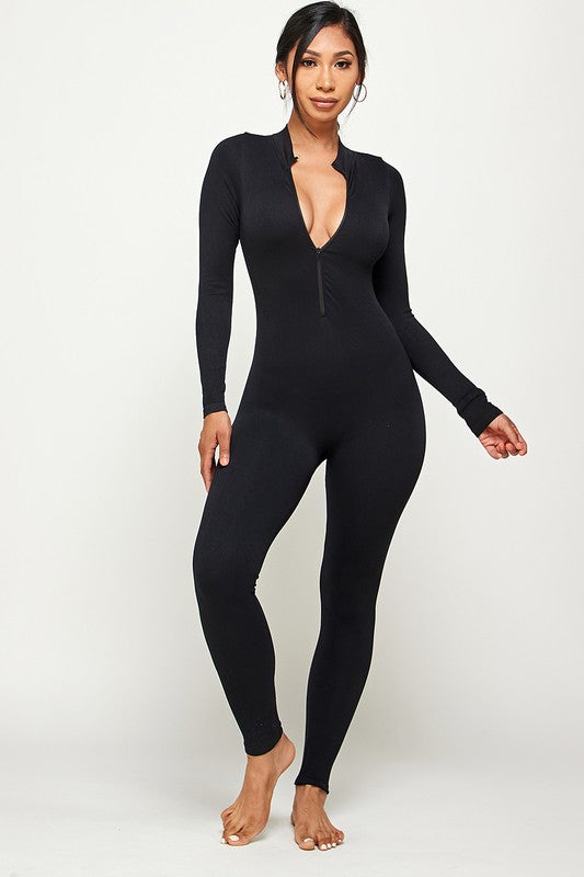 STYLED BY ALX COUTURE MIAMI BOUTIQUE Black Zipper Center Long Sleeve Seamless Jumpsuit