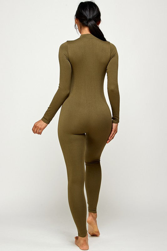 STYLED BY ALX COUTURE MIAMI BOUTIQUE Olive Solid Zip Up Mock Neck Long Sleeve Jumpsuit