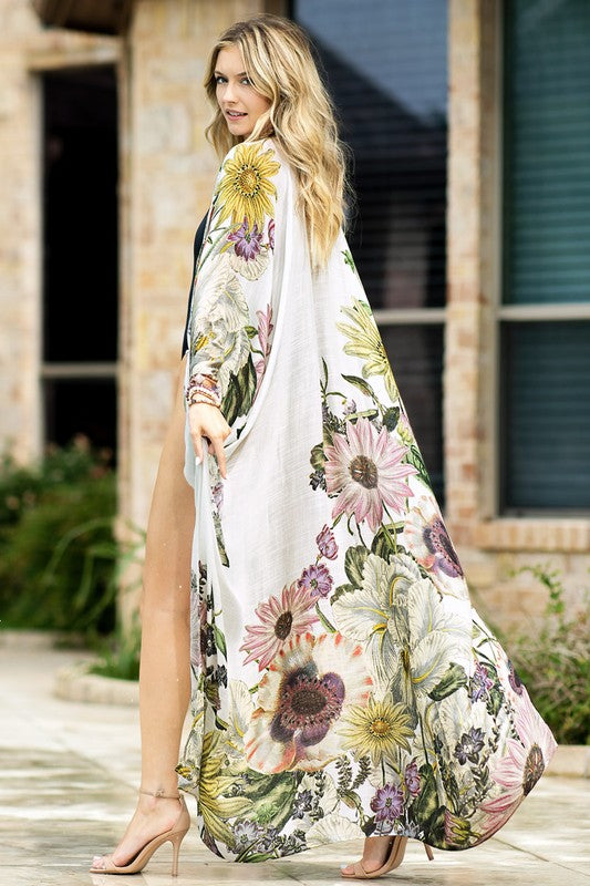 model wearing Aurelia Airy Floral Duster Kimono and beige high heels