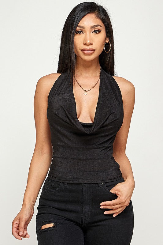 STYLED BY ALX COUTURE MIAMI BOUTIQUE Black Halter Deep Cowl Back Tie Top 