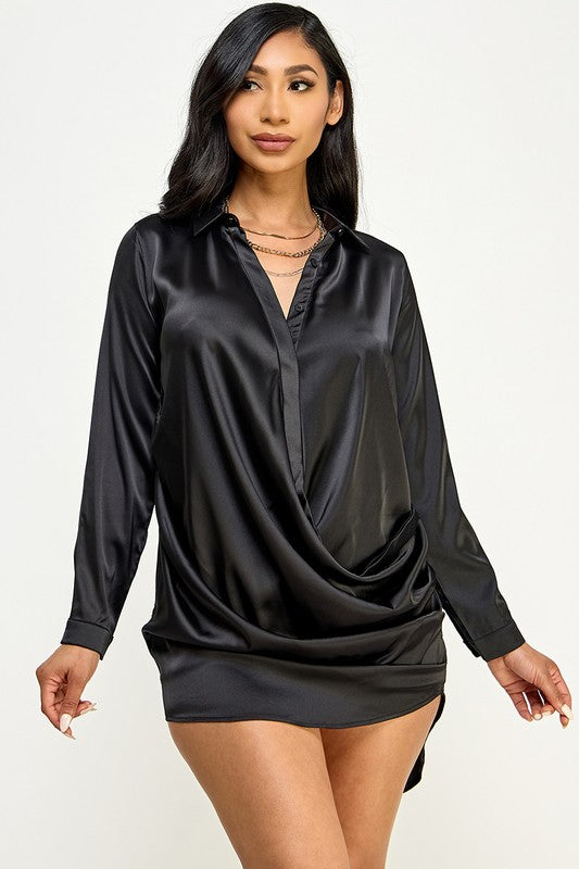 STYLED BY ALX COUTURE MIAMI BOUTIQUE Black Satin Button Down Front Draped Shirt Dress 