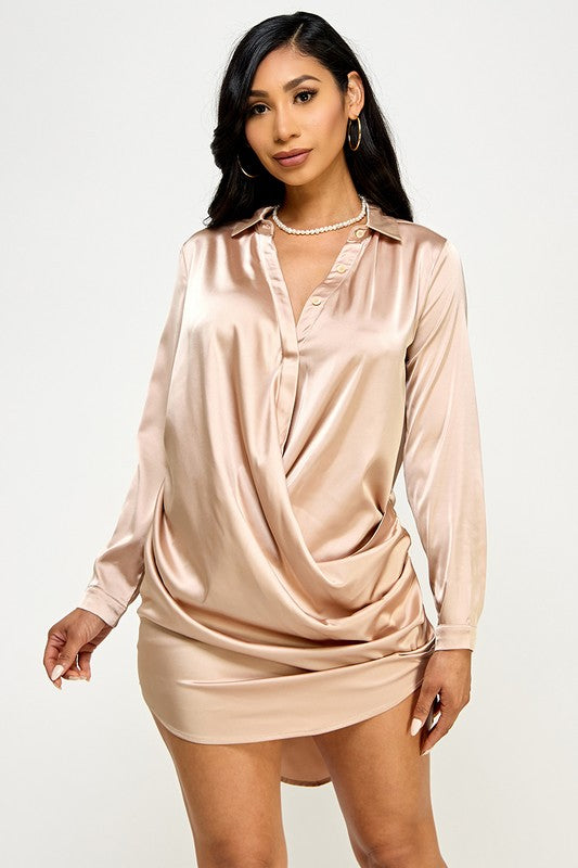 STYLED BY ALX COUTURE MIAMI BOUTIQUE Taupe Satin Button Down Front Draped Shirt Dress