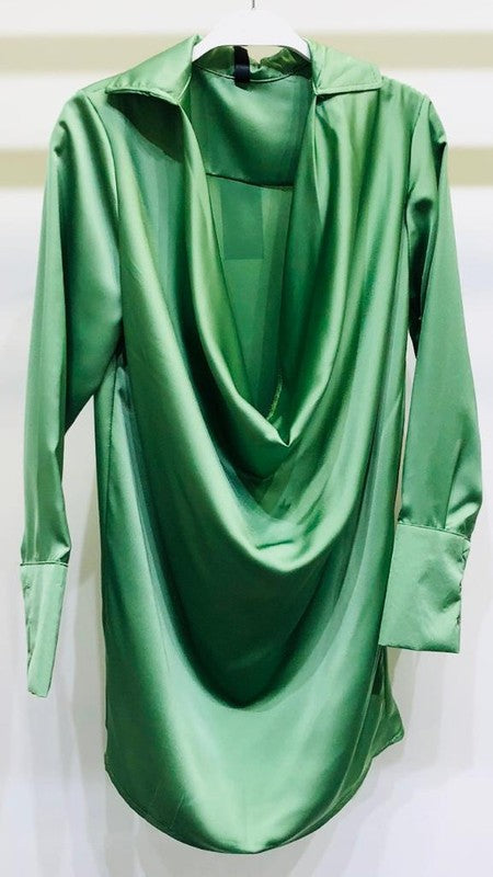 styled by alx couture miami boutique Green Collared Long Sleeve Satin Dress