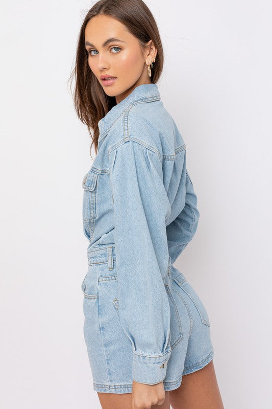 STYLED BY ALX COUTURE MIAMI BOUTIQUE Light Denim Long Sleeve Romper