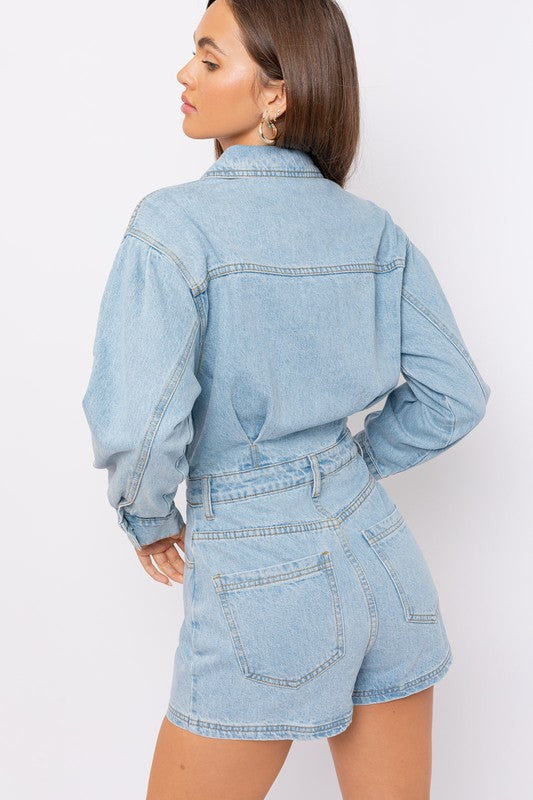 STYLED BY ALX COUTURE MIAMI BOUTIQUE Light Denim Long Sleeve Romper