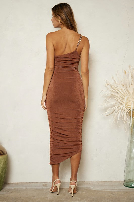 STYLED BY ALX COUTURE MIAMI BOUTIQUE Brown Long One Shoulder Chain Slinky Midi Dress