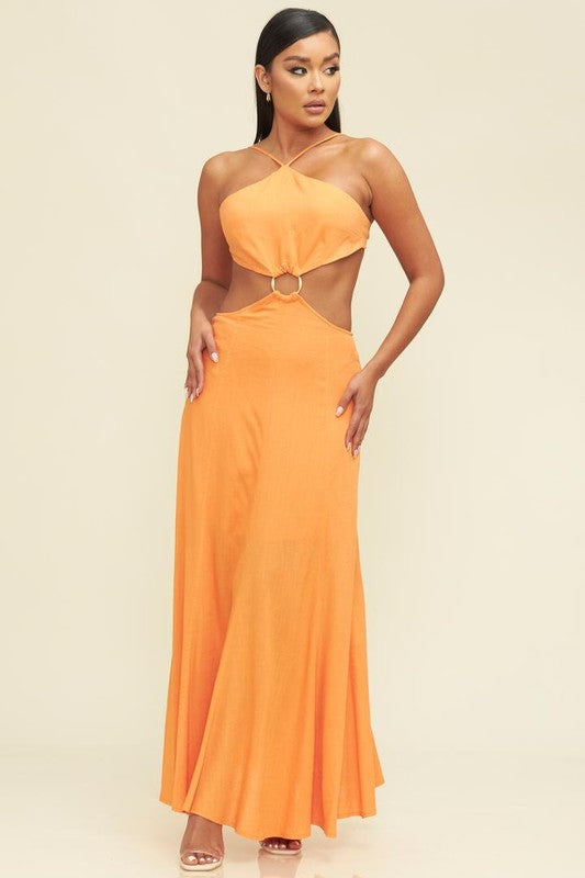 model is wearing Orange Ring Linen Maxi Dress  with heel sandals 