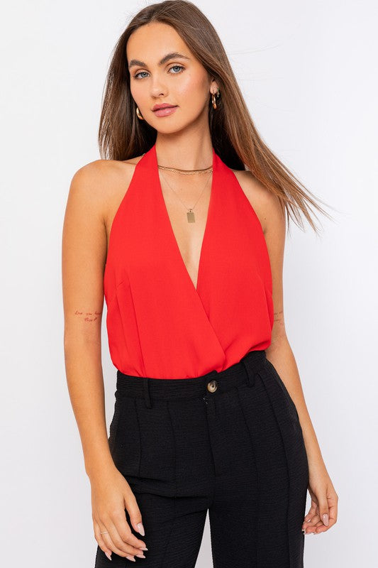 STYLED BY ALX COUTURE MIAMI BOUTIQUE Red Halter Neck Bodysuit