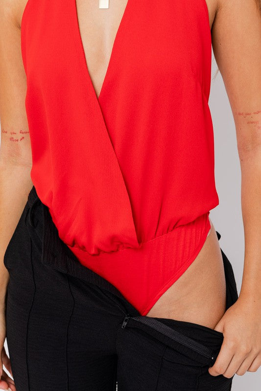 STYLED BY ALX COUTURE MIAMI BOUTIQUE Red Halter Neck Bodysuit