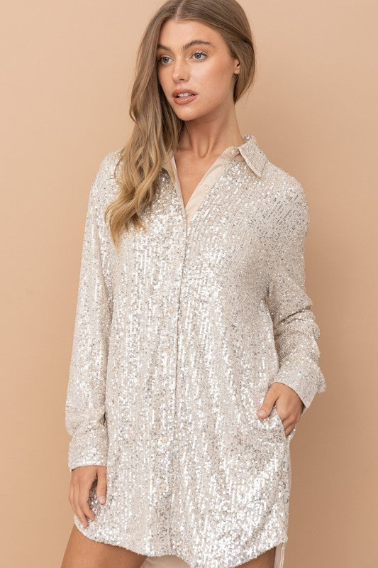 STYLED BY ALX COUTURE MIAMI BOUTIQUE Champagne Sequin Shirt Dress