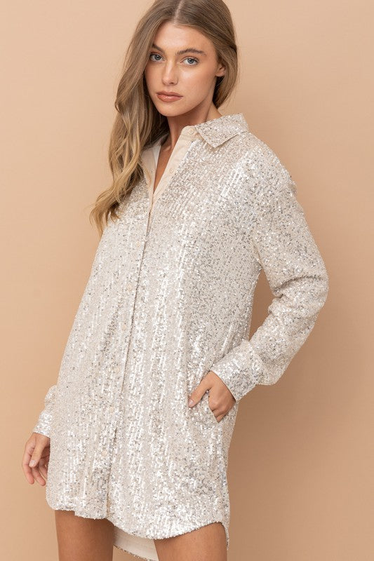STYLED BY ALX COUTURE MIAMI BOUTIQUE Champagne Sequin Shirt Dress 