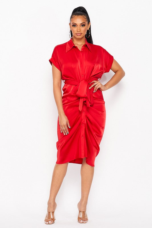 STYLED BY ALX COUTURE MIAMI BOUTIQUE Red Satin Waist Tie Midi Dress