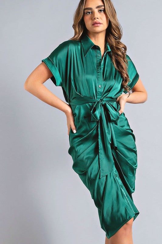 STYLED BY ALX COUTURE MIAMI BOUTIQUE Emerald Green Satin Waist Tie Midi Dress