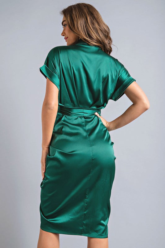 STYLED BY ALX COUTURE MIAMI BOUTIQUE Emerald Green Satin Waist Tie Midi Dress