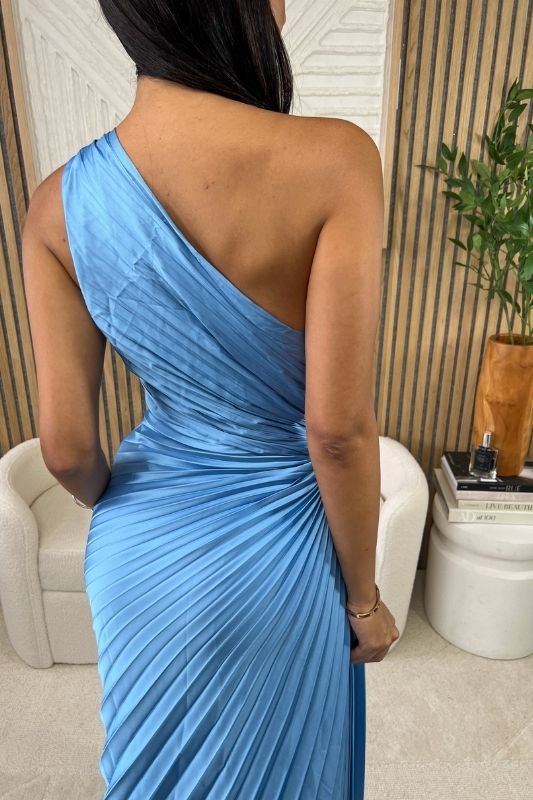 STYLED BY ALX COUTURE MIAMI BOUTIQUE Blue Olympia Asymmetrical Pleated Maxi Dress