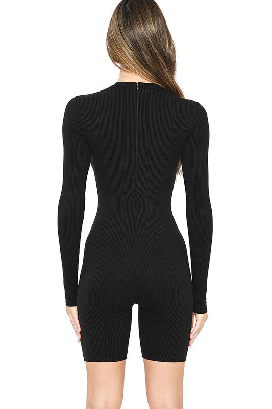 STYLED BY ALX COUTURE MIAMI BOUTIQUE Black Long Sleeve Snatched Round Neck Romper