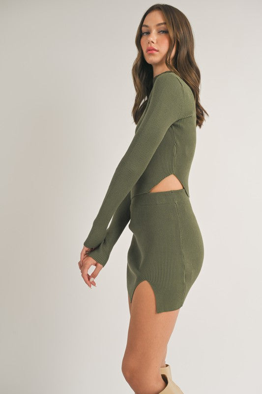 STYLED BY ALX COUTURE MIAMI BOUTIQUE Olive Rib Mock Neck Mini and Skirt Set