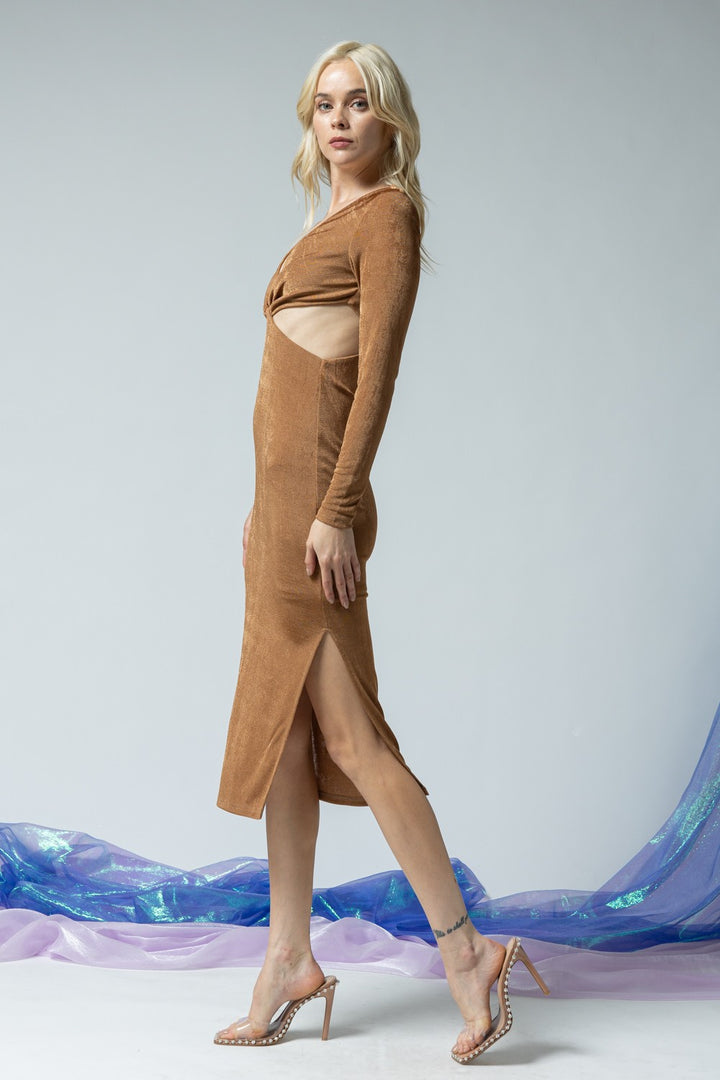 STYLED BY ALX COUTURE MIAMI BOUTIQUE Brown Plunge Twisted Side Cutout Long Sleeve Midi Dress