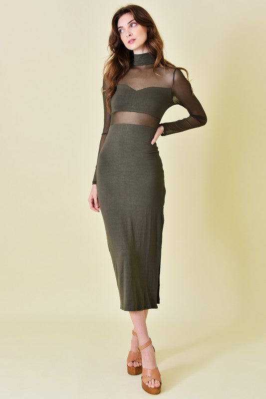 STYLED BY ALX COUTURE MIAMI BOUTIQUE Olive Mock Neck Mesh Cutout Thigh Slit Midi Dress 