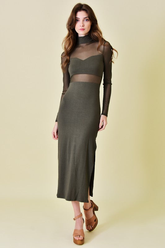 STYLED BY ALX COUTURE MIAMI BOUTIQUE Olive Mock Neck Mesh Cutout Thigh Slit Midi Dress