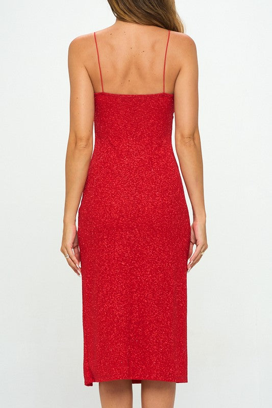 STYLED BY ALX COUTURE MIAMI BOUTIQUE Red Glitter Slit Midi Dress