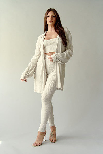 STYLED BY ALX COUTURE MIAMI BOUTIQUE Bone Set Three Piece Soft Cashmere Rib Pants Set