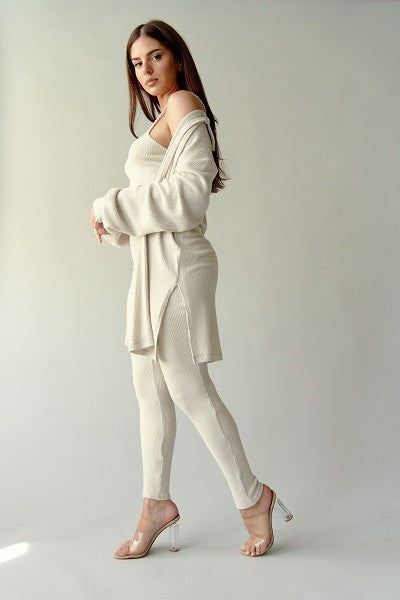 STYLED BY ALX COUTURE MIAMI BOUTIQUE Bone Set Three Piece Soft Cashmere Rib Pants Set