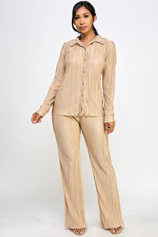 STYLED BY ALX COUTURE MIAMI BOUTIQUE Champagne Pleated Shirt and Pants Set