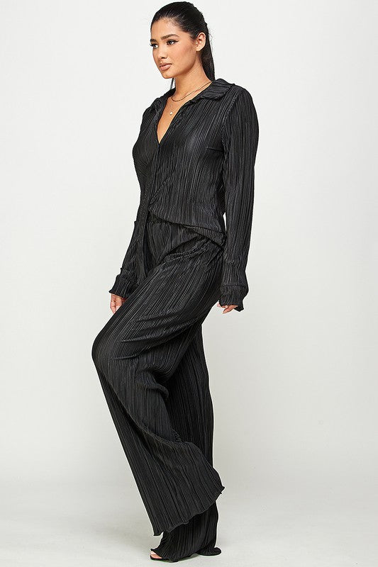 STYLED BY ALX COUTURE MIAMI BOUTIQUE Black Pleated Shirt and Pants Set