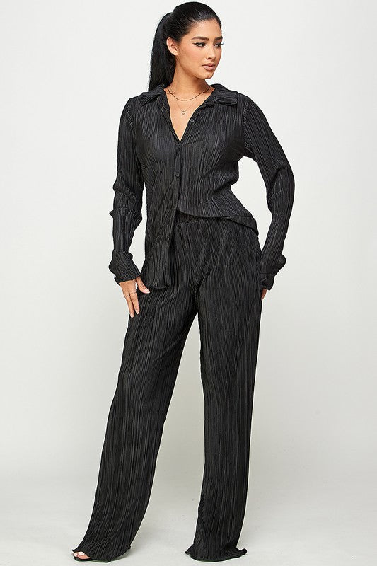 STYLED BY ALX COUTURE MIAMI BOUTIQUE Black Pleated Shirt and Pants Set