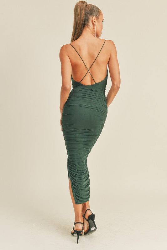 STYLED BY ALX COUTURE MIAMI BOUTIQUE Hunter Green Sleeveless Ruched Midi Dress