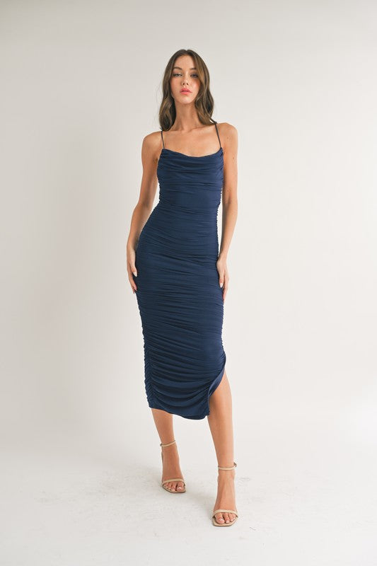STYLED BY ALX COUTURE MIAMI BOUTIQUE Navy Sleeveless Ruched Midi Dress
