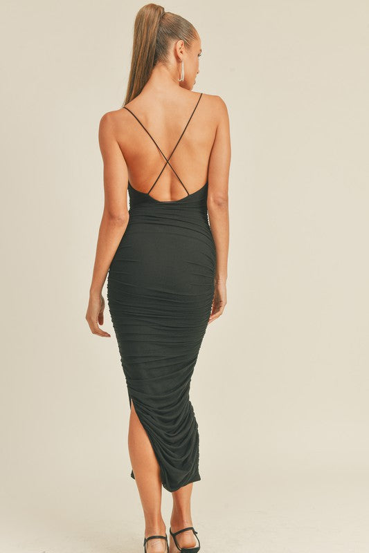 STYLED BY ALX COUTURE MIAMI BOUTIQUE Black Sleeveless Ruched Midi Dress With Slit