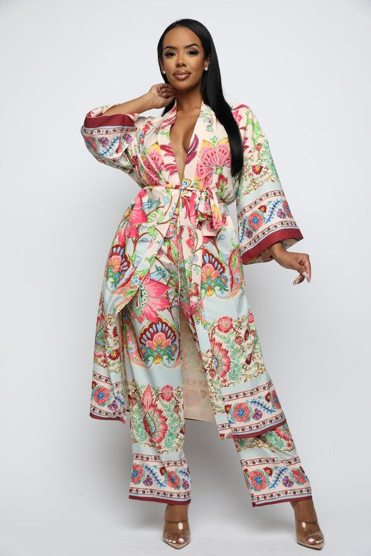 Multi Floral Print Belted Kimono