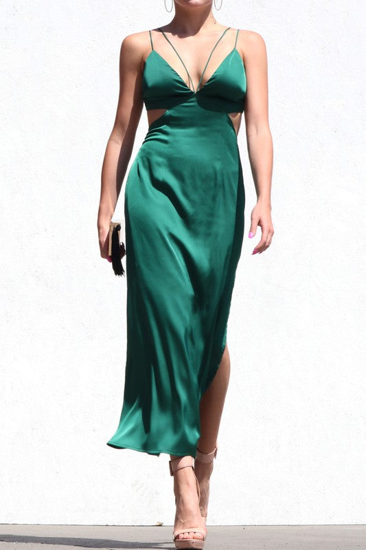 STYLED BY ALX COUTURE MIAMI BOUTIQUE Hunter Green Cutout Satin Midi Dress