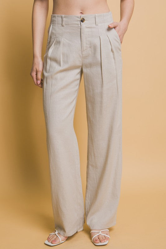 model is wearing Natural Linen Tailored Wide Leg Pants with white sandals